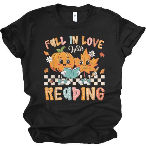 Fall In Love With Reading Thanksgiving Pumpkin Book Lover Unisex Jersey T-Shirt - Bookorys