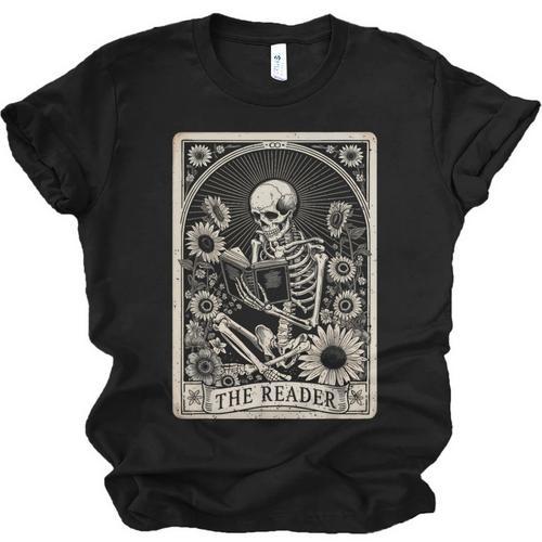 Floral The Reader Tarot Card Skeleton Reading Book Unisex Jersey T-Shirt - Bookorys AU