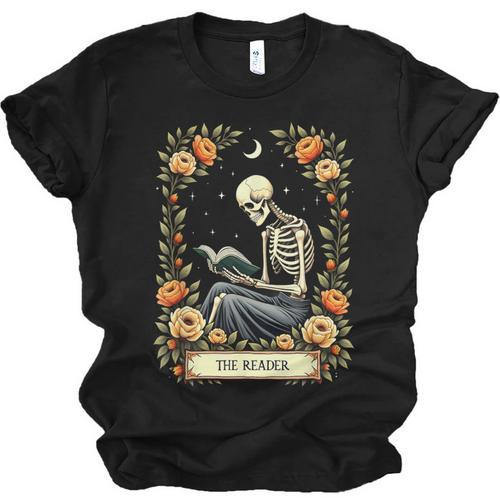 Floral Tarot Card The Reader Skeleton Reading Book Unisex Jersey T-Shirt - Bookorys AU