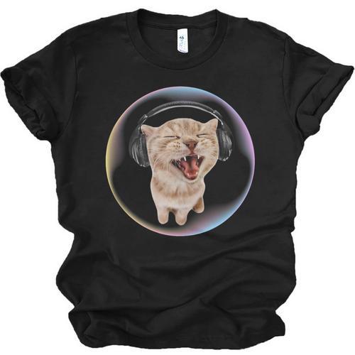 Frutiger Aero Cat Wearing Headphones Bubble 2000s Gen-Z Meme Unisex Jersey T-Shirt - Figerry