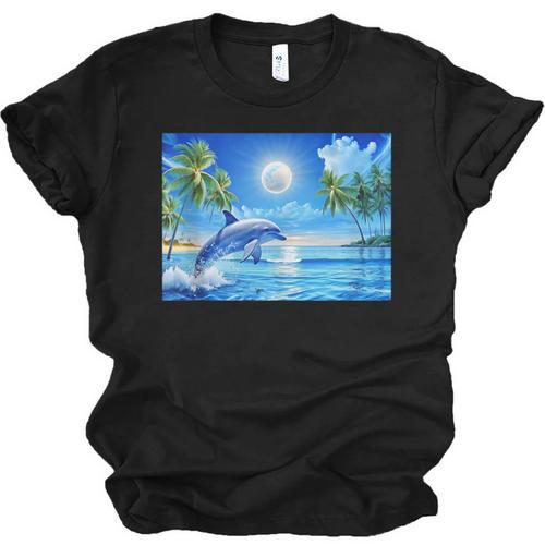 Frutiger Aero Dolphin Sunset Ocean With Palm Trees Y2k Unisex Jersey T-Shirt - Figerry