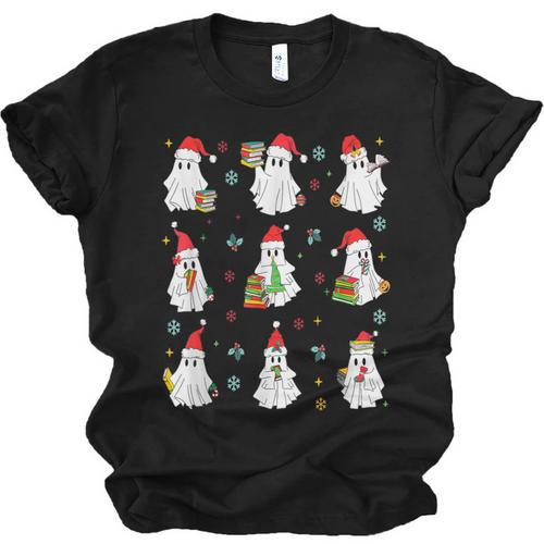 Ghosts Wearing Santa Hats Reading Books Christmas Book Lover Unisex Jersey T-Shirt - Bookorys