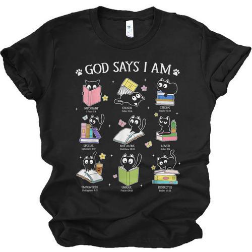 God Says I Am Cat Book Lover Christian Cute Jesus Girls Kids Unisex Jersey T-Shirt - Bookorys UK