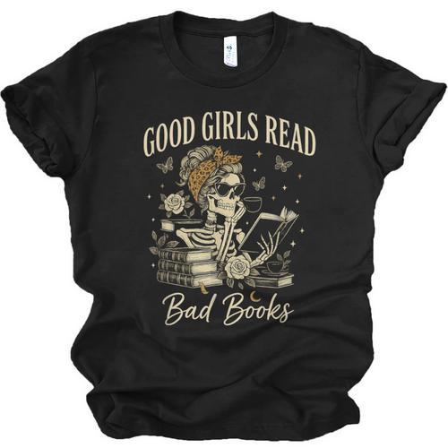 Good Girls Read Bad Books Vintage Skeleton Reader Unisex Jersey T-Shirt - Bookorys AU