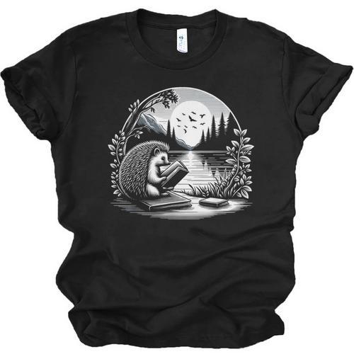 Hedgehog Reading Book Full Moon Lake Scenery Unisex Jersey T-Shirt - Bookorys