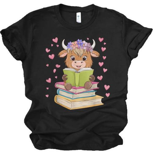 Highland Cow Reading Book Floral Bookworm Unisex Jersey T-Shirt - Bookorys