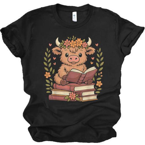 Highland Cow Reading Book Graphic Cow With Book Floral Unisex Jersey T-Shirt - Bookorys