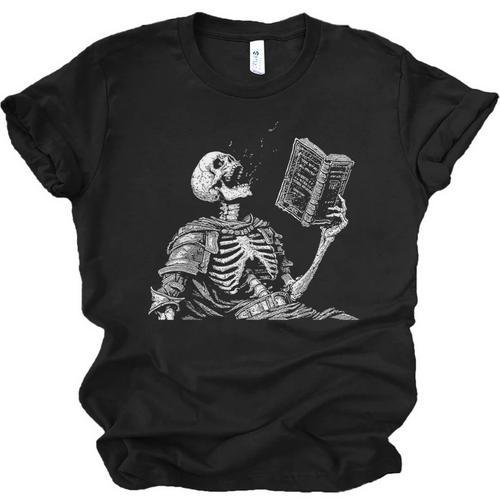 Hilarious Skeleton Holding a Book And Laughing Gothic Unisex Jersey T-Shirt - Bookorys UK
