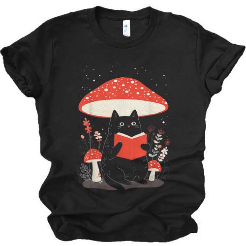 Kawaii Cottagecore Mushroom Cat Reading a Book Unisex Jersey T-Shirt - Bookorys AU