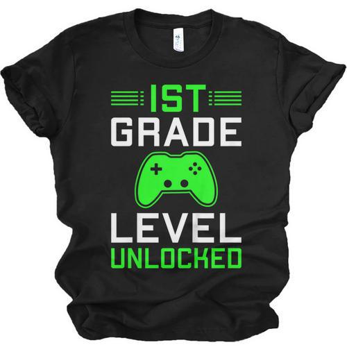 Kids 1st Grade Level Unlocked Back To School Gamer Graduation Unisex Jersey T-Shirt - Best Gift Smart