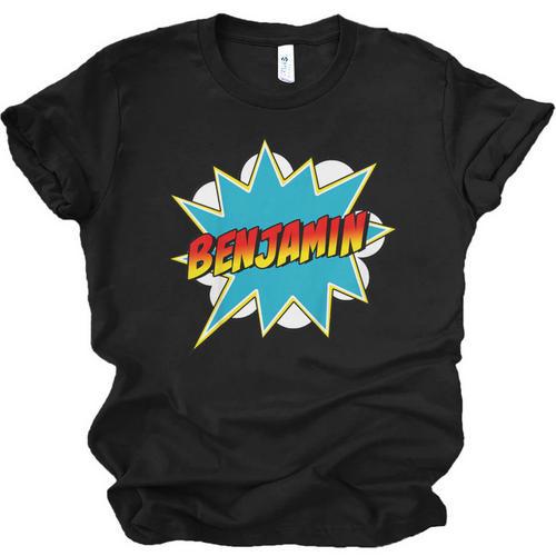 Kids Boys Benjamin Name Personalized Superhero Comic Book Unisex Jersey T-Shirt - Bookorys DE