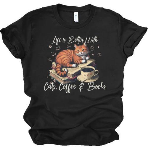 Life Is Better With Cats Coffee And Books Unisex Jersey T-Shirt - Bookorys AU