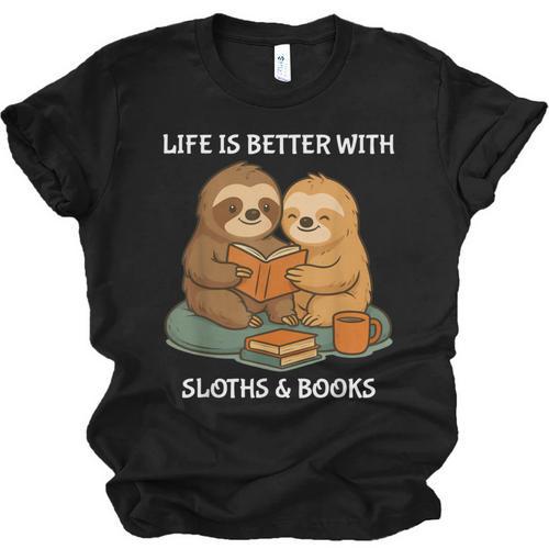 Life Is Better With Sloths And Books Cute Sloth Lover Unisex Jersey T-Shirt - Bookorys CA