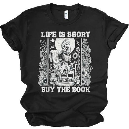 Life Is Short Buy The Book Introvert Skeleton Reading Unisex Jersey T-Shirt - Raresse