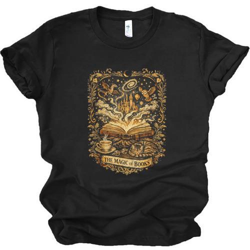 The Magic Of Books Vintage Style Reading Lover Cat & Tea Unisex Jersey T-Shirt - Bookorys AU