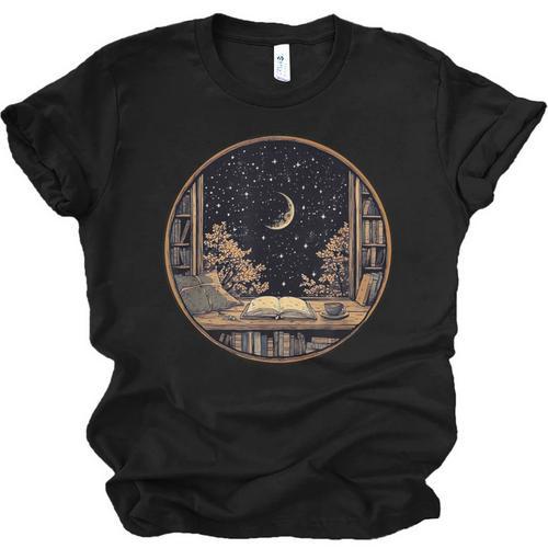 Moon Book Bookshelf Library Coffee Cup Star Stars Pattern Unisex Jersey T-Shirt - Bookorys CA