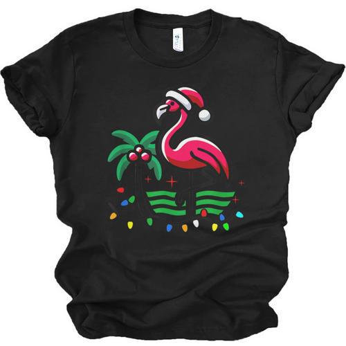 Nostalgia Holiday Tees -Adult Christmas Flamingo Small Short Sleeve Crew Neck Cotton Polyester Lightweight Ribbed Cuff Winter Unisex Jersey T-Shirt - Figerry