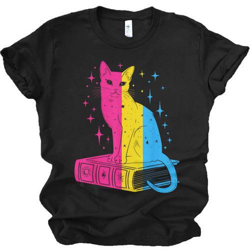 Pansexual Pride Celestial Cat Sitting Book LGBTQ Pan Colors Men Women Unisex Jersey T-Shirt - Bookorys AU