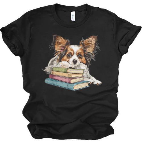 Papillon Books Reading Dog Breed Graphic For Men Women Kids Unisex Jersey T-Shirt - Bookorys