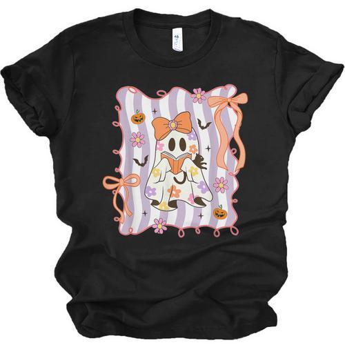 Preppy Coquette Bow Ghost Reading Books Halloween Book Unisex Jersey T-Shirt - Bookorys