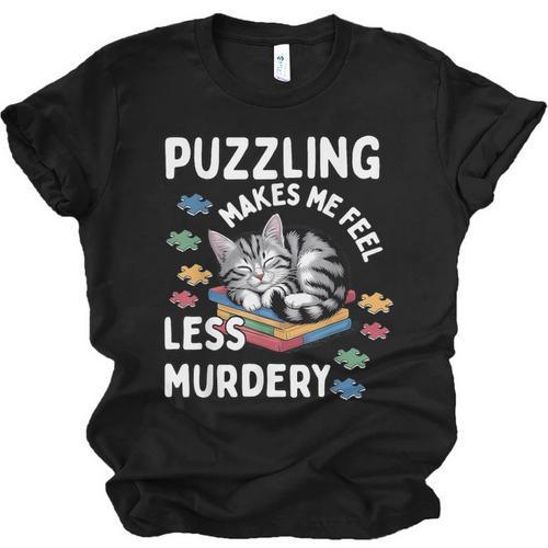 Puzzling Makes Me Feel Less Murdery Introvert Puzzle Cat Unisex Jersey T-Shirt - Raresse
