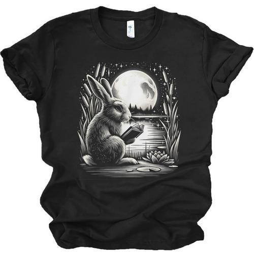 Rabbit Reading Book Full Moon Lake Scenery Unisex Jersey T-Shirt - Bookorys DE
