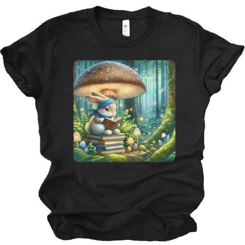 Rabbit Reading Book Under Large Mushroom Easter Bandana Unisex Jersey T-Shirt - Bookorys CA