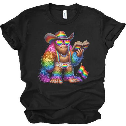 Rainbow Pride Bigfoot Reading Book With Heart Glasses Unisex Jersey T-Shirt - Bookorys CA