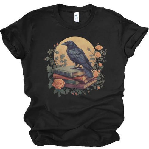 Raven Reading Book Occult Crow Cottagecore Botanical Flowers Unisex Jersey T-Shirt - Bookorys AU
