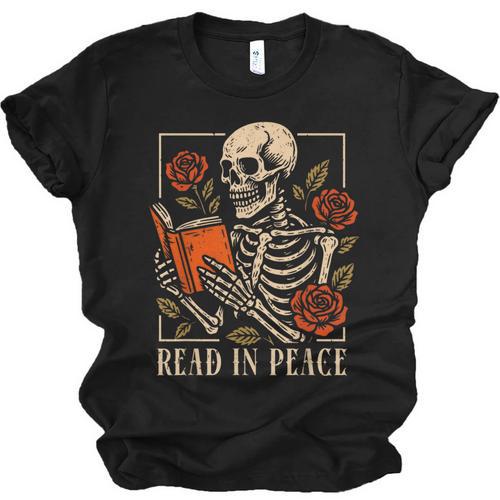 Read In Peace Skeleton Reading Book Halloween Teacher Unisex Jersey T-Shirt - Bookorys