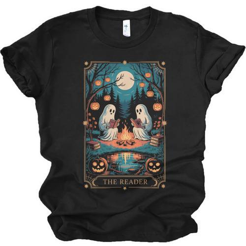 The Reader Bookish Cute Spooky Ghost Reading Book Tarot Card Unisex Jersey T-Shirt - Bookorys CA