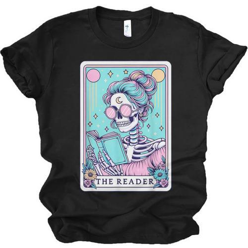 The Reader Retro Reading Skeleton Books Flowers Tarot Card Unisex Jersey T-Shirt - Bookorys AU