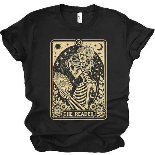 The Reader Tarot Card Book Lover Skeleton Reading Book Unisex Jersey T-Shirt - Bookorys