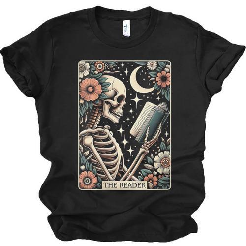 The Reader Tarot Card Skeleton Reading Book Bookworm Bookish Unisex Jersey T-Shirt - Bookorys