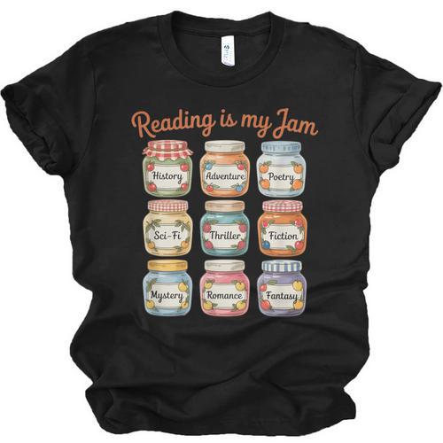 Reading Is My Jam Cute Jelly Jars Book Genres Unisex Jersey T-Shirt - Bookorys DE