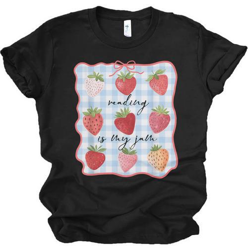 Reading Is My Jam Preppy Stawberry Bookworm Book Lover Nerd Unisex Jersey T-Shirt - Bookorys AU