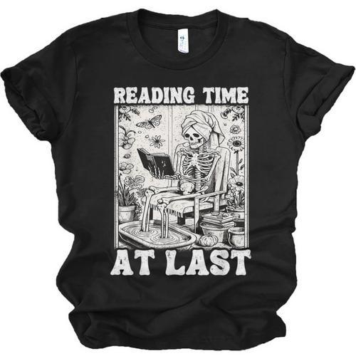 Reading Time At Last Book Lover Introvert Skeleton Reading Unisex Jersey T-Shirt - Raresse