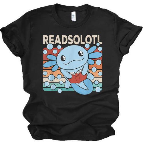 Readsolotl Blue Kawaii Axolotl Book Lover Reading Retro Unisex Jersey T-Shirt - Bookorys