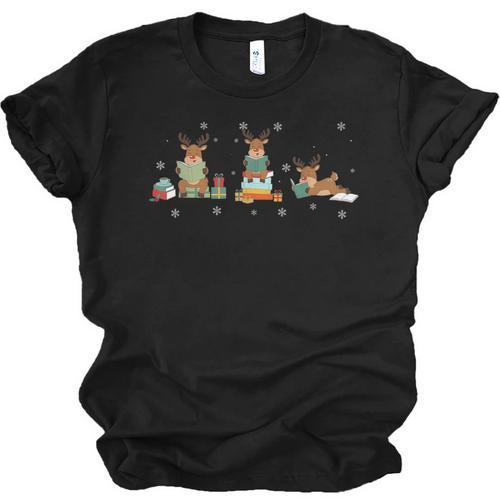 Reindeer Reading Books Christmas Library Classroom Unisex Jersey T-Shirt - Bookorys AU