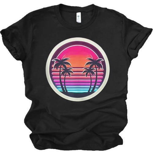 Retro 80s Synthwave Sunset & Palm Trees Retro Nostalgia 80s Unisex Jersey T-Shirt - Figerry