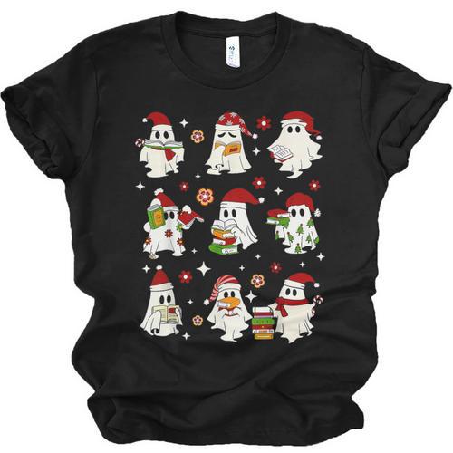 Santa Ghost Reading Books Christmas Library Teacher Unisex Jersey T-Shirt - Bookorys CA