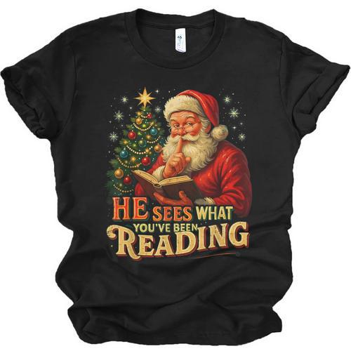 He Sees What You’Ve Been Reading Santa Book Lover Christmas Unisex Jersey T-Shirt - Bookorys DE