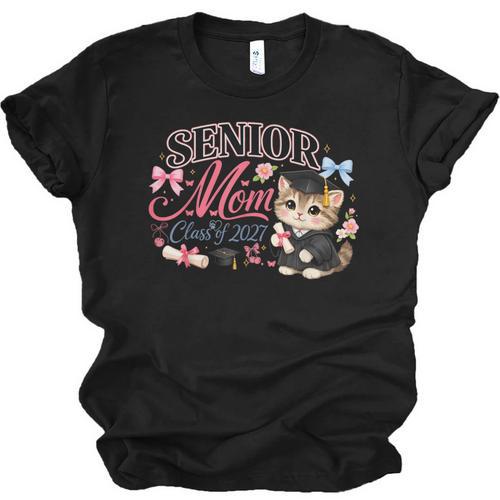 Senior Mom Class Of 2027 Cute Cat Graduation Pink Bows Girls Unisex Jersey T-Shirt - Best Gift Smart