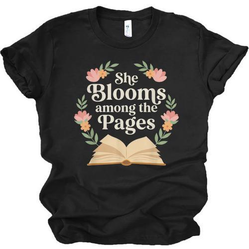 She Blooms Among The Pages Women Mom Wife Floral Book Quote Unisex Jersey T-Shirt - Bookorys DE