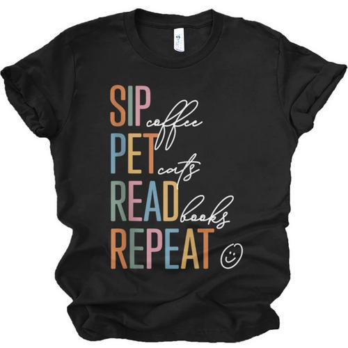 Sip Coffee Pet Cats Read Books Repeat Book Cat Lover Unisex Jersey T-Shirt - Bookorys