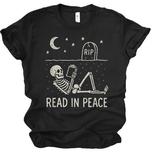 Skeleton Read In Peace Halloween Book Graphic Bookish Unisex Jersey T-Shirt - Bookorys UK