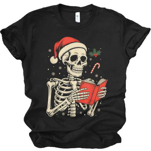 Skeleton Reading Book Christmas Teacher Librarian Book Lover Unisex Jersey T-Shirt - Bookorys
