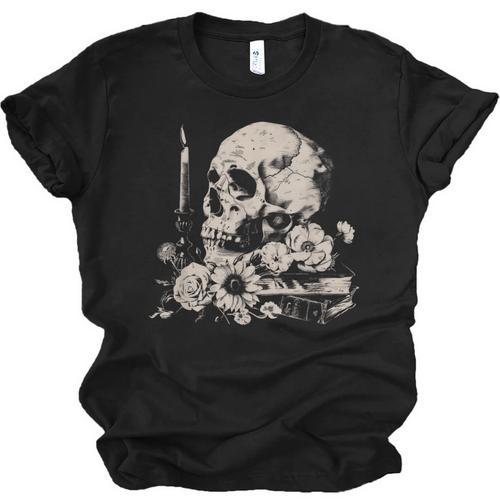 Skull Books Flowers Goth Reader Grunge Dark Alt Aesthetic Unisex Jersey T-Shirt - Bookorys DE