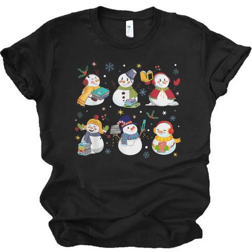 Snowman Reading Books Teacher Christmas Librarian Bookworm Unisex Jersey T-Shirt - Bookorys