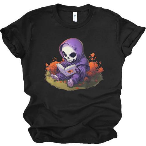 Spooky Grim Reaper Reading A Book Cute Creepy Halloween Unisex Jersey T-Shirt - Bookorys